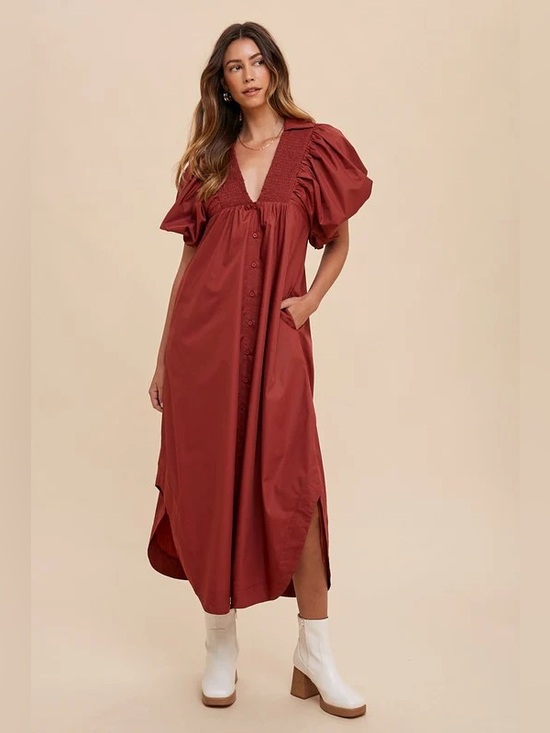 Anniewear Dresses & Skirts - Annie Wear Puff-Sleeve V-Neck Maxi Maroon Dress